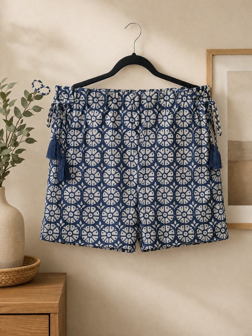 Roller Rabbit Navy and White Geometric Tassel Shorts